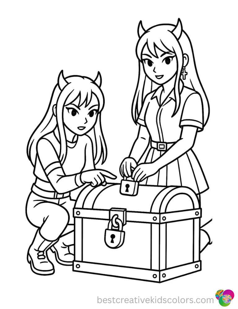 The Kpop demon hunters within kpop demon hunters color pages securely lock a chest.