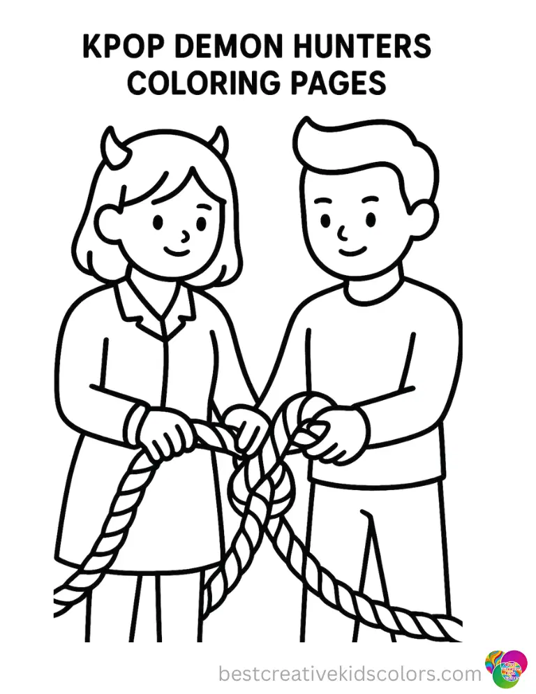 kpop demon hunters coloring pages shows the Kpop demon hunters tying a thick rope.