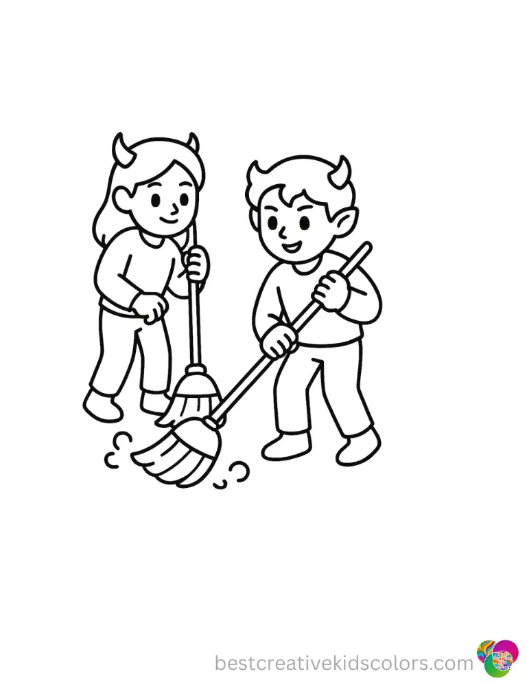 The Kpop demon hunters inside kpop demon hunters colouring pages sweep a dusty cabin.