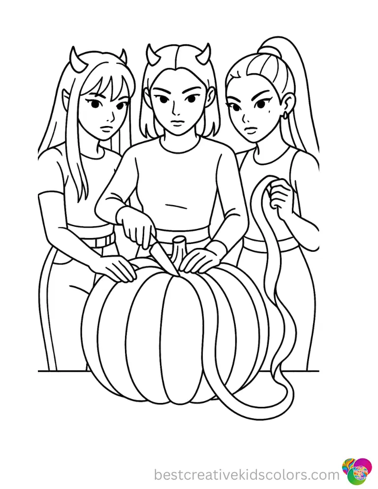 The Kpop demon hunters carefully peel a large orange pumpkin in kpop demon hunters printable.