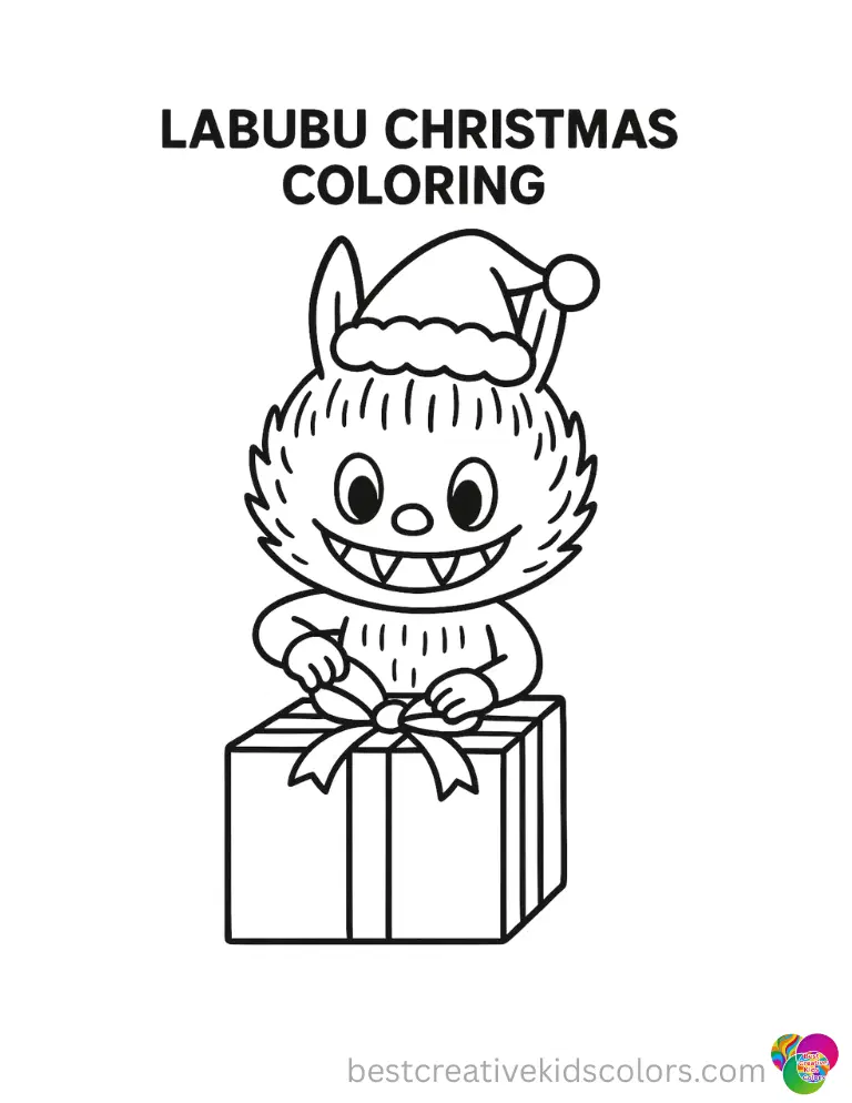 labubu christmas coloring shows Labubu happily wrapping a large square gift with bright green paper.
