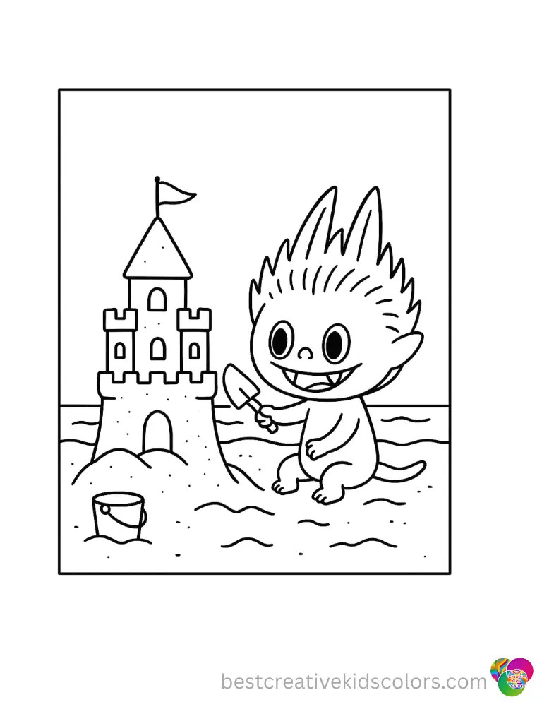 labubu coloring pages shows Labubu happily building a tall beautiful sandcastle on the beach.