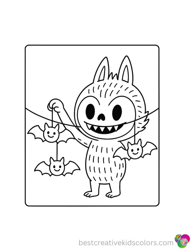 A brave Labubu inside labubu coloring pages halloween neatly hangs some cute paper bats safely.