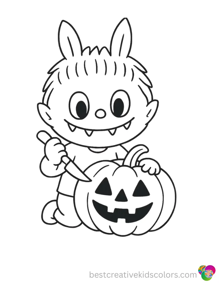 labubu halloween coloring pages features Labubu carefully carving a smiling orange pumpkin.