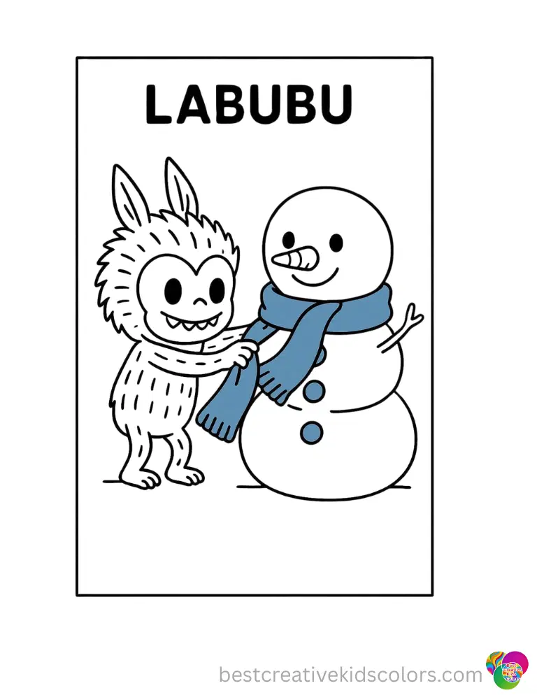 labubu print features Labubu neatly tying a thick blue winter scarf around a friendly snowman.