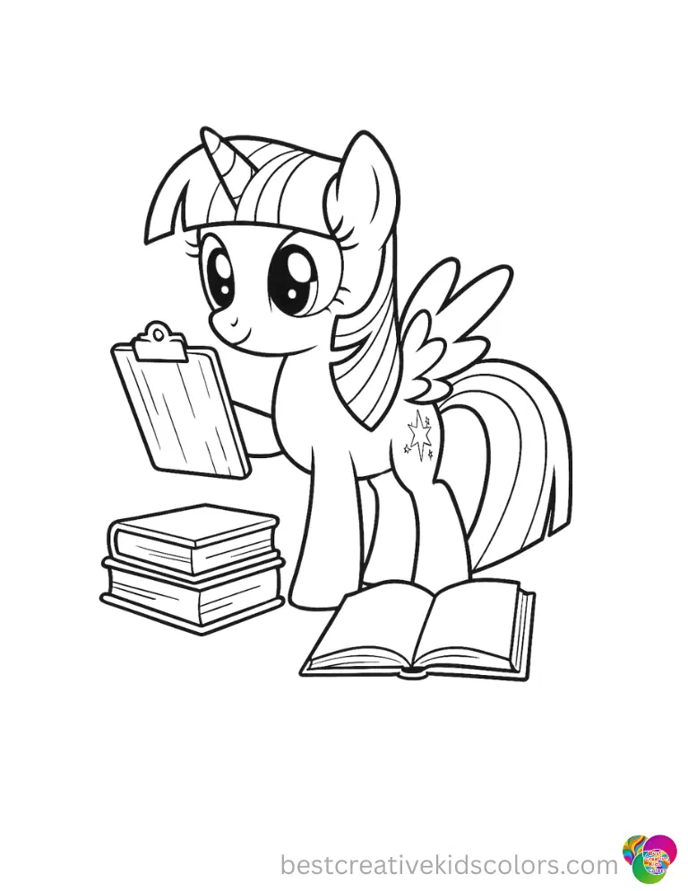  little pony coloring pages depict Twilight Sparkle sorting library books with a wooden clipboard.