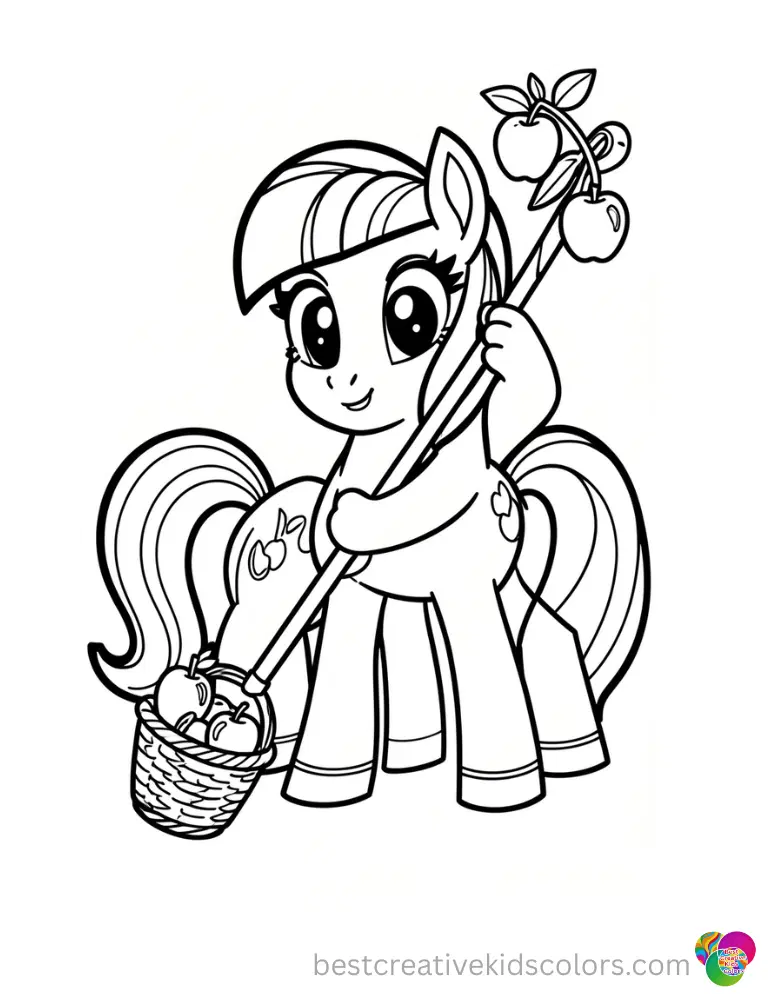 Twilight Sparkle uses a fruit picker pole to gather fresh green apples on this little pony coloring sheet.