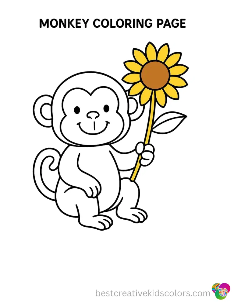 monkey coloring page shows a cheerful animal holding a bright yellow sunflower today.