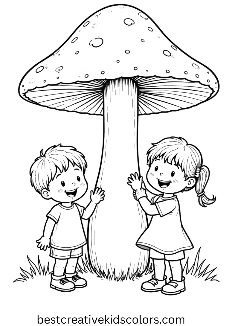 Children enjoy mushroom coloring pages colored with swirls of bright rainbow hues.