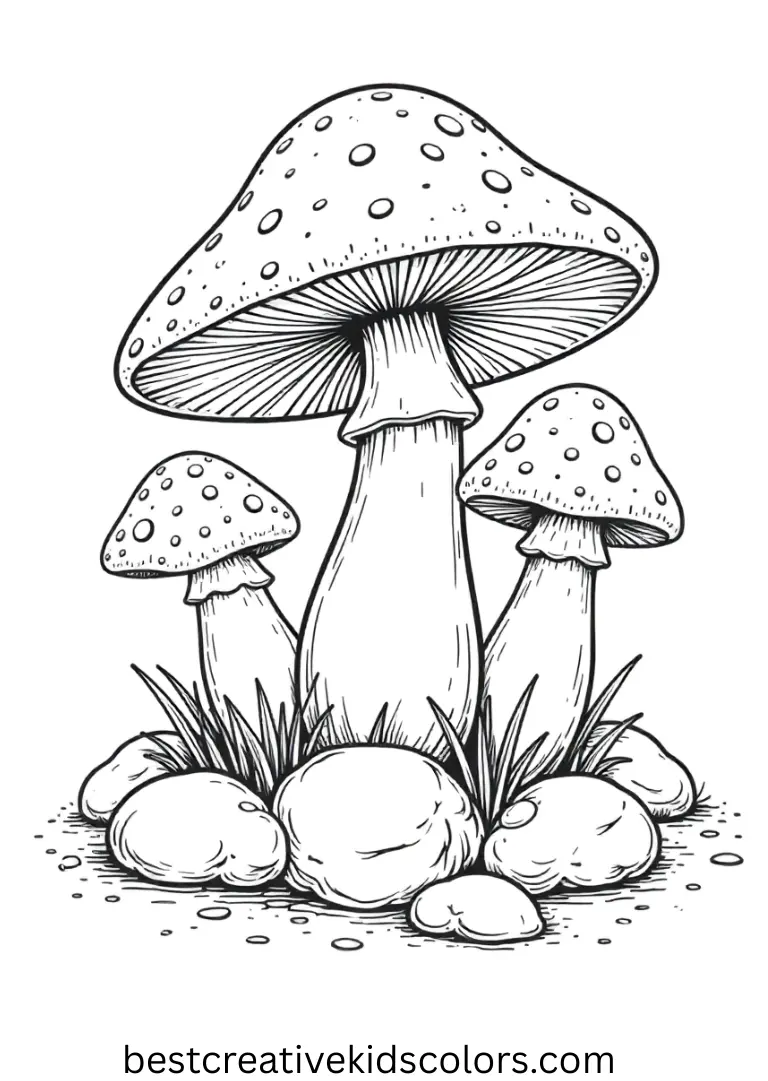 Mushroom coloring pages printable show mushrooms in a circular pattern of stones.