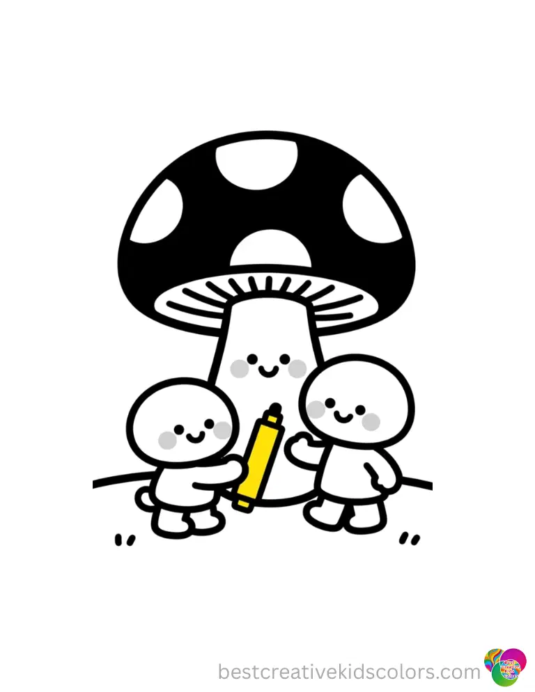 A bright yellow marker inside mushroom coloring sheets smoothly highlights a drawn line.