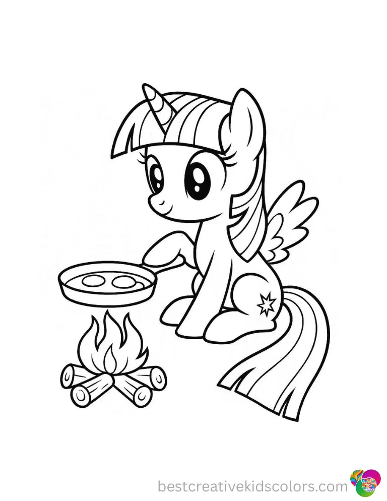 Twilight Sparkle uses a cast iron skillet to fry eggs over a fire in these my little pony coloring sheets.