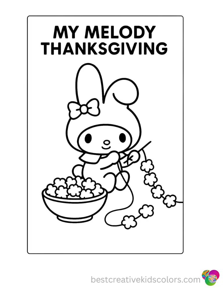 my melody thanksgiving shows the cute bunny stringing popcorn onto a long thread for decoration.