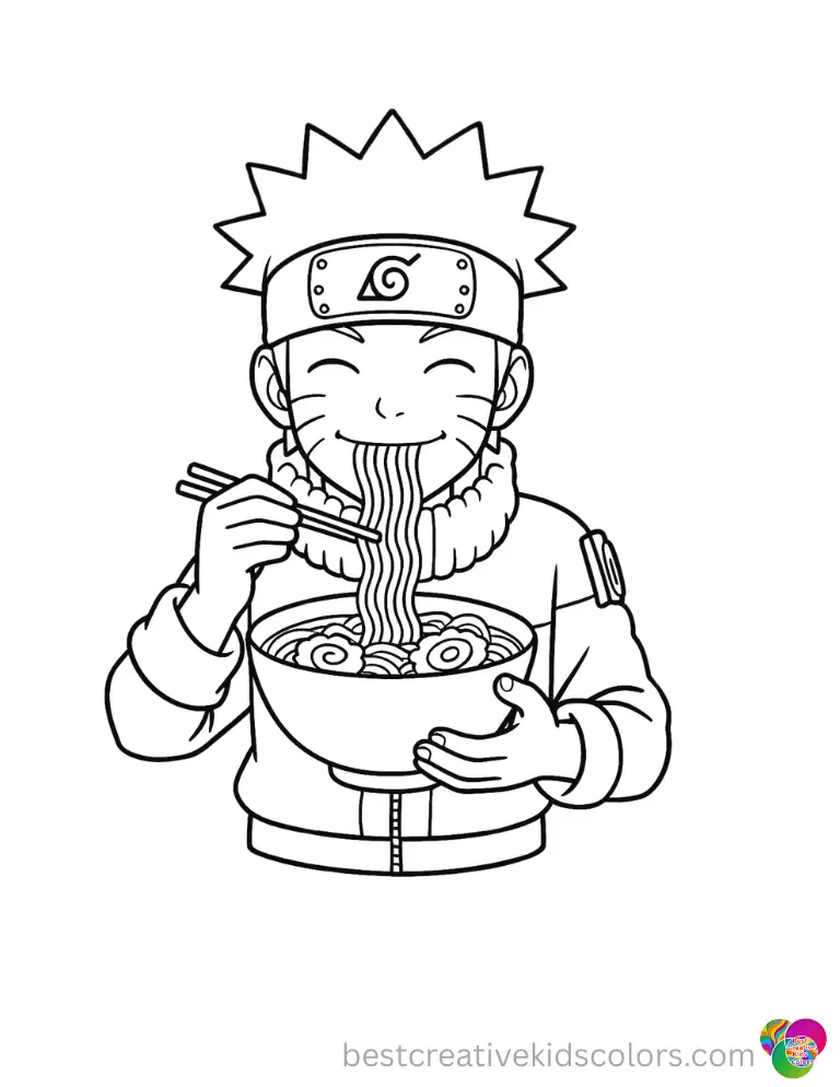 naruto color page displays the happy hero quietly eating a big warm bowl of delicious ramen.