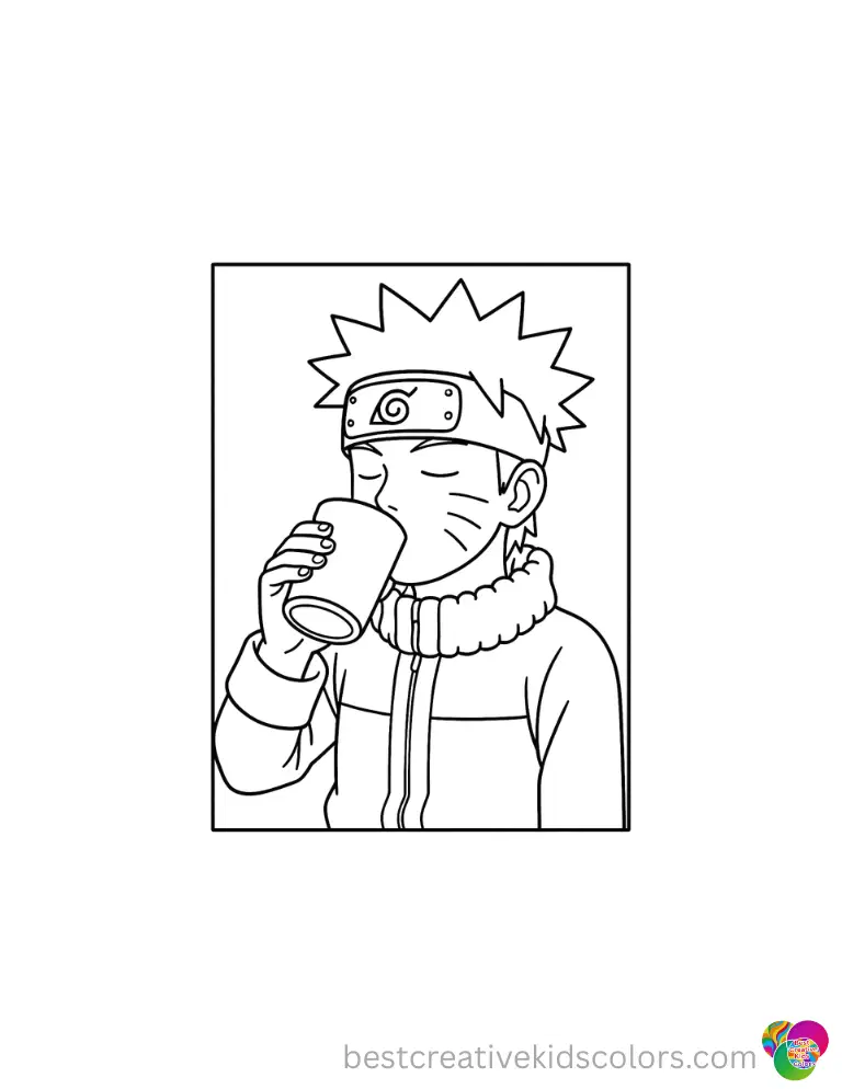 naruto color pages features the polite hero safely drinking cold fresh water from a cup.