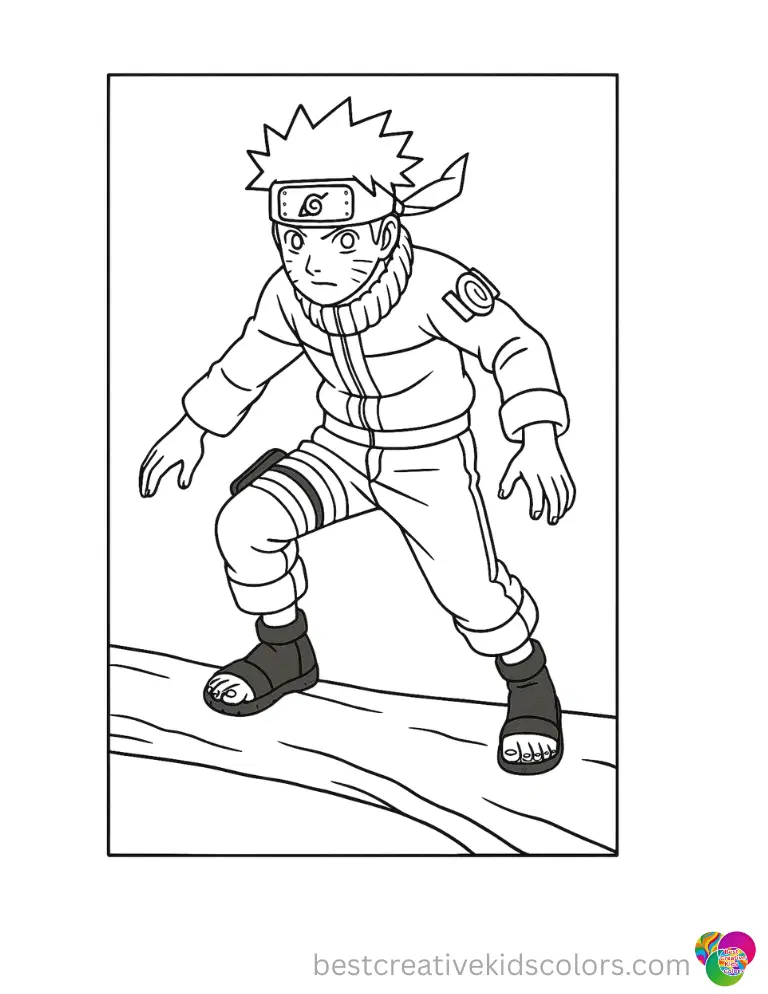 naruto color sheets displays the fast ninja softly stepping on a large thick tree branch.