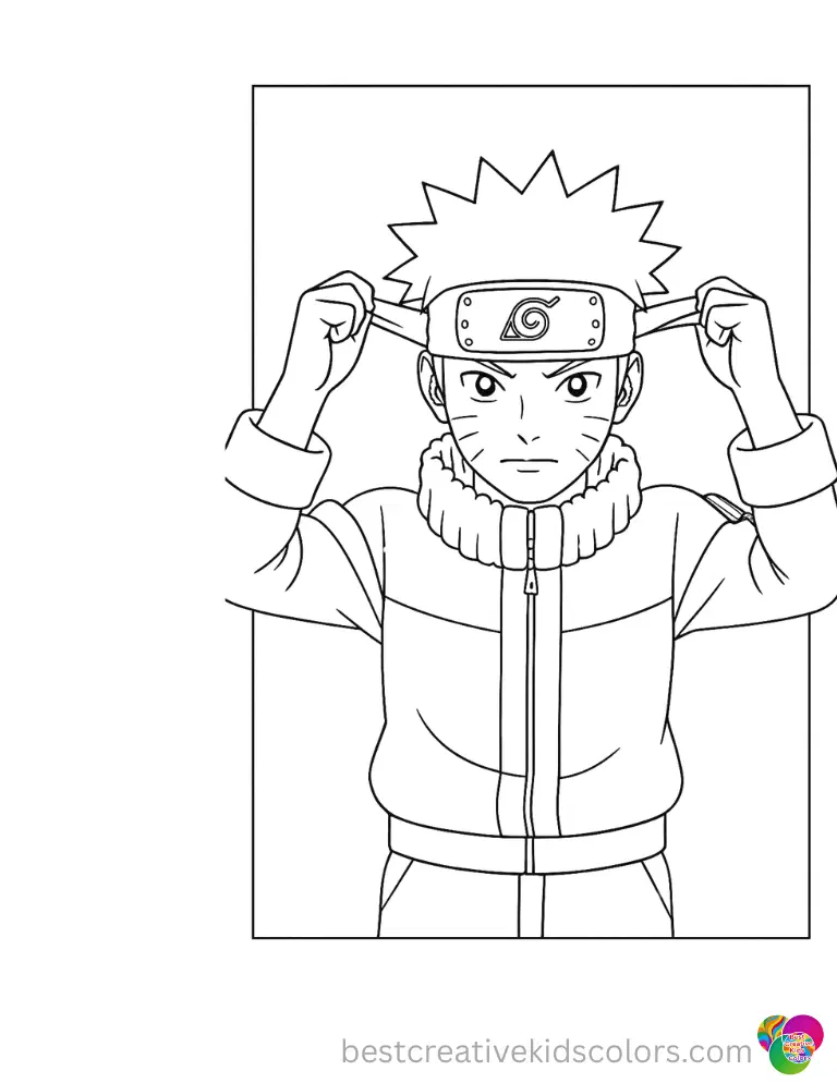 naruto coloring book pages shows the hero carefully tying his simple blue fabric headband.