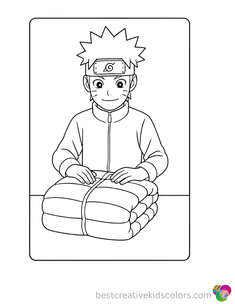 naruto coloring page displays the smart boy neatly folding a warm heavy winter jacket today.