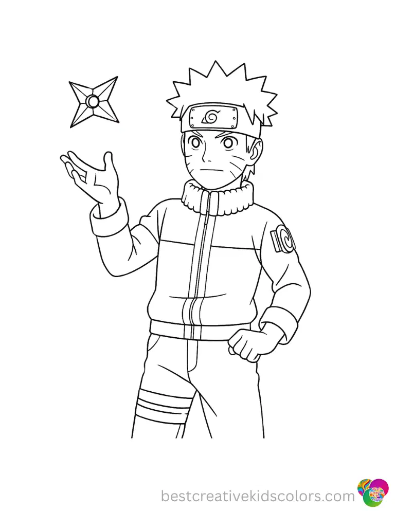 naruto colouring in pages features the strong ninja gently tossing a sharp wooden shuriken.