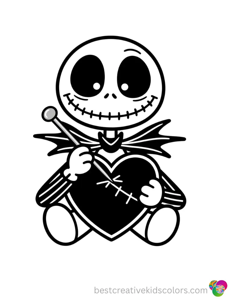 nightmare before xmas coloring pages show Sally using a silver needle to stitch a velvet heart on a toy.