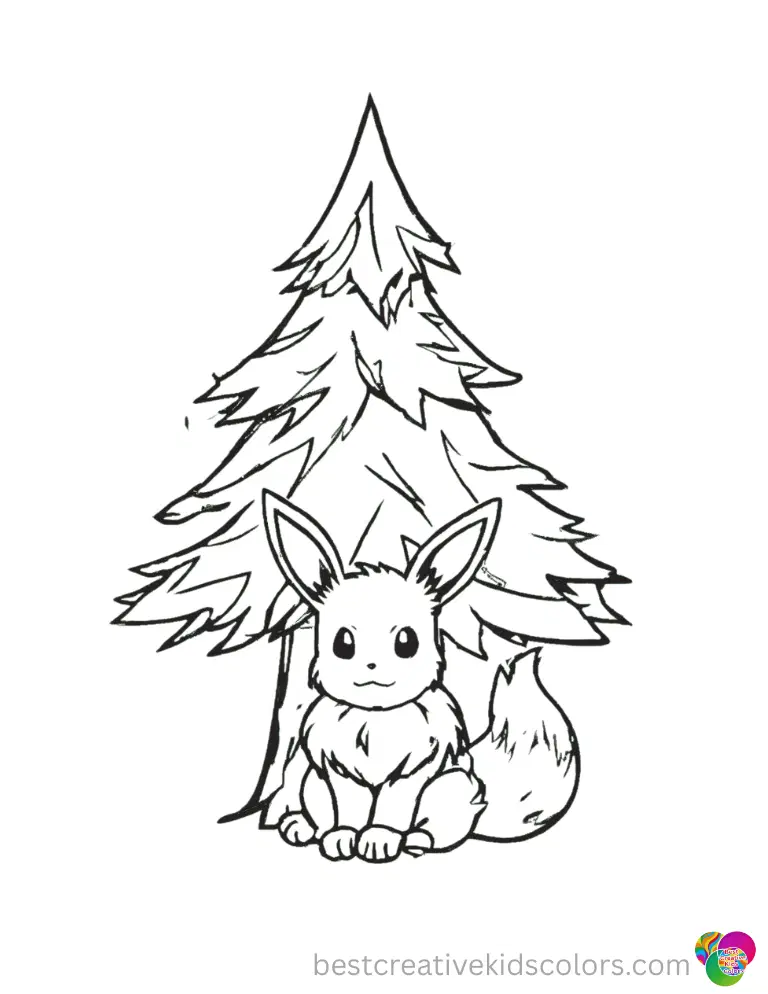 pokemon coloring pages eevee features a fluffy creature resting under a tall pine tree.