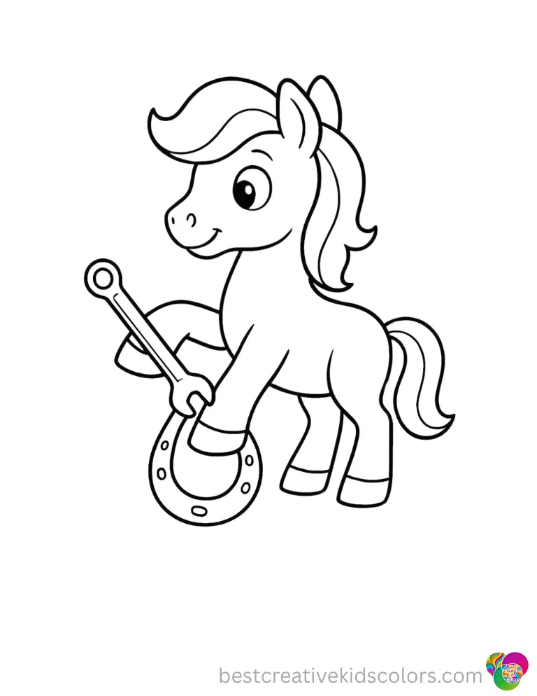 A pony uses a steel box wrench in these pony coloring pages to tighten a loose horseshoe joint.