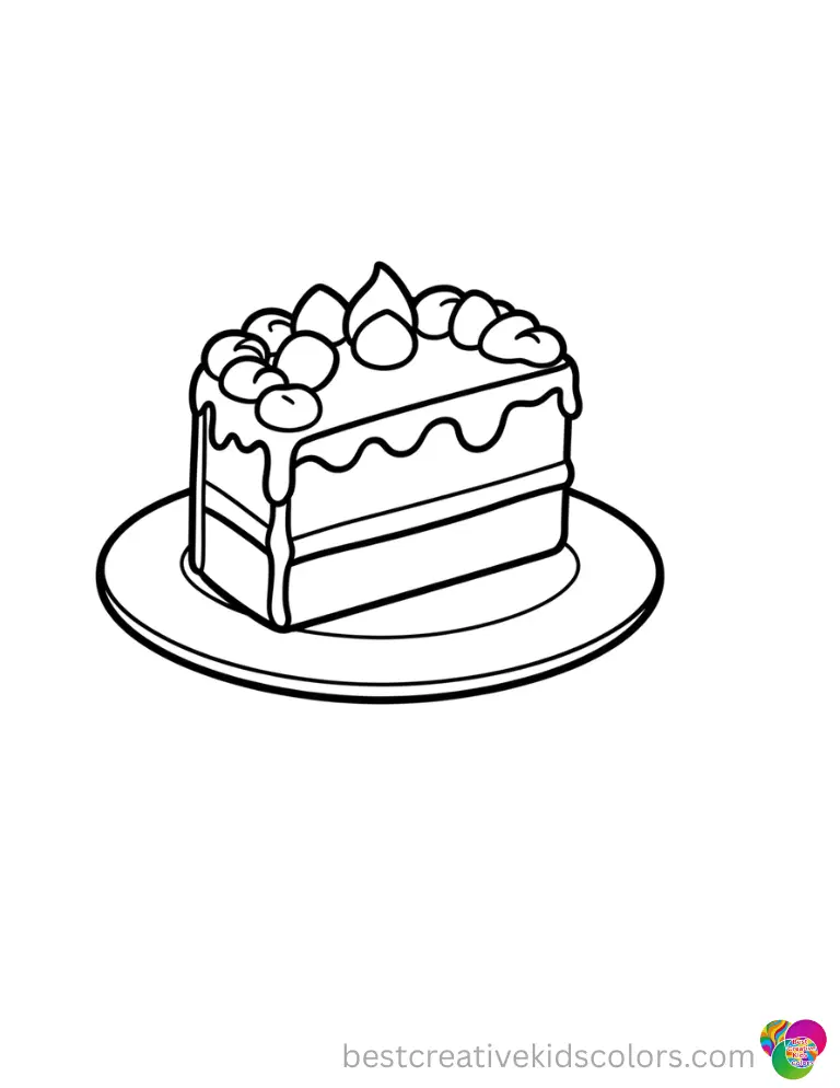 printable coloring pages happy birthday shows a slice of cake sliding onto a ceramic plate.