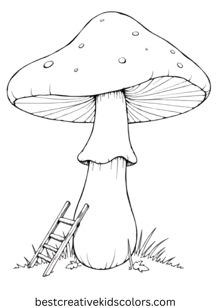 A printable mushroom coloring page displays a mushroom with a small ladder leaning on it.