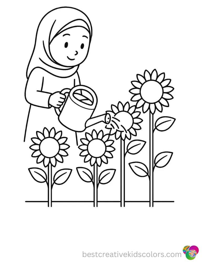 rumi color page displays Rumi carefully watering a row of bright blooming sunflowers.