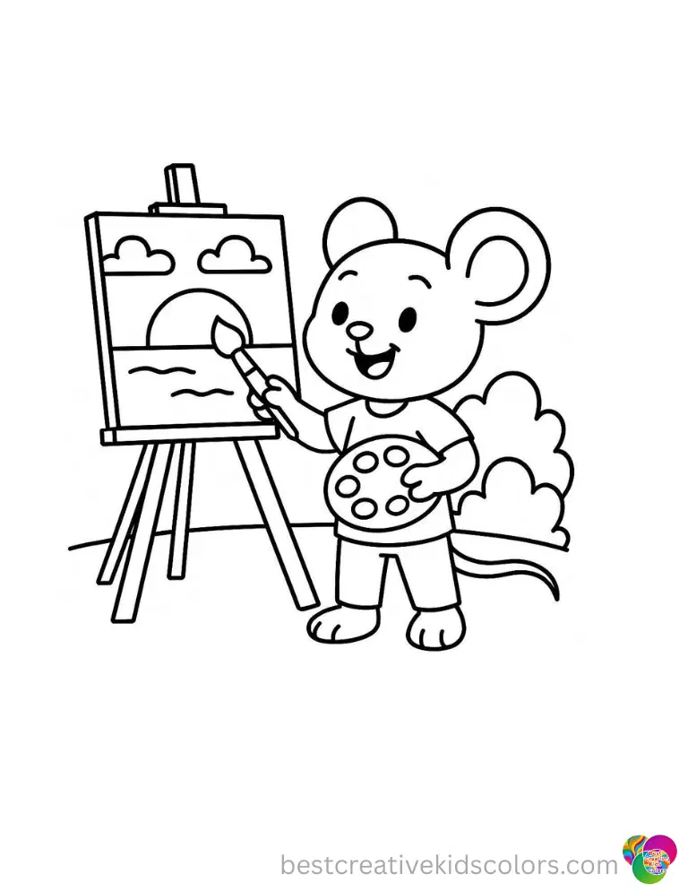 Rumi cheerfully paints a beautiful sunset on a canvas outside in rumi coloring page.