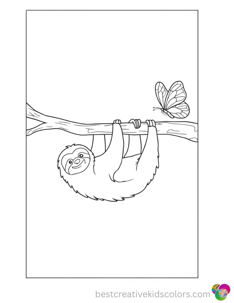 sloth color page presents a beautiful blue morpho fluttering near the canopy top.