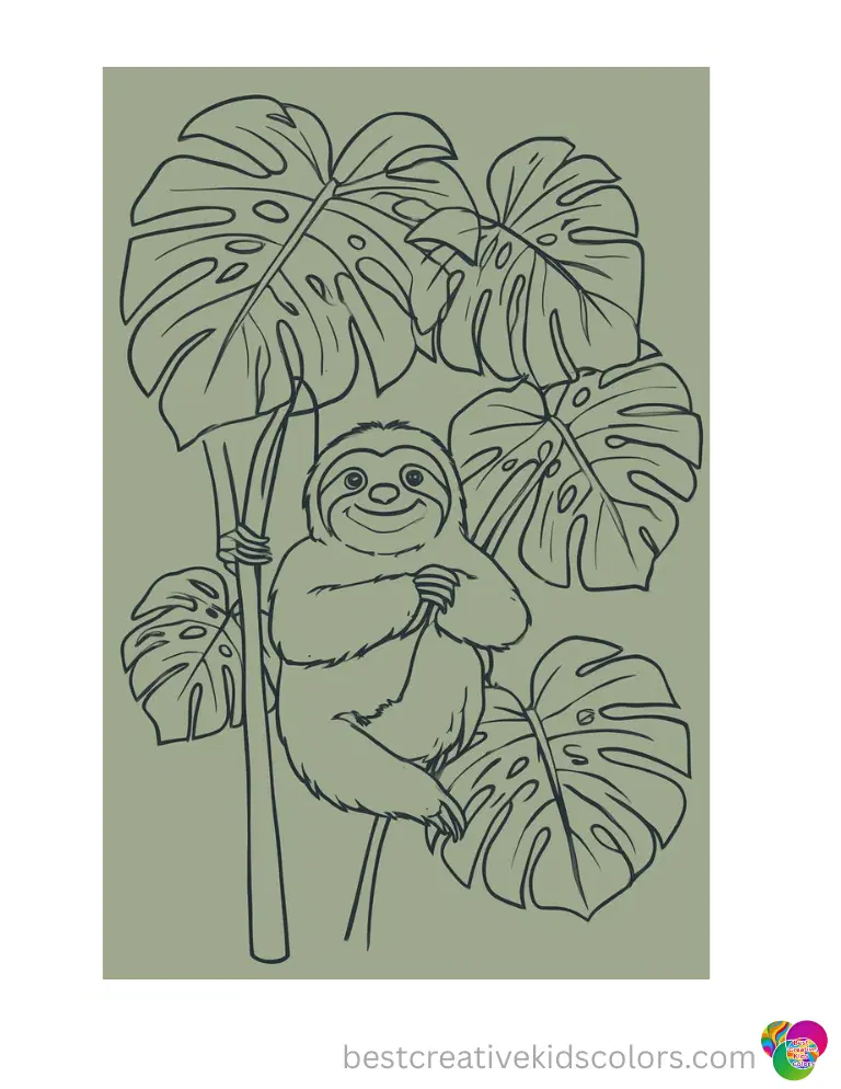 sloth coloring page displays a giant green monstera opening up in the dense jungle.