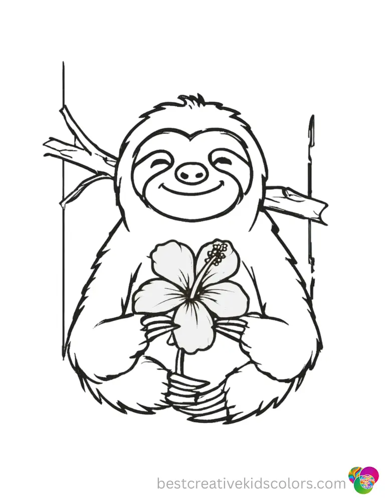 sloth coloring pages highlights a bright pink tropical hibiscus blooming beautifully.