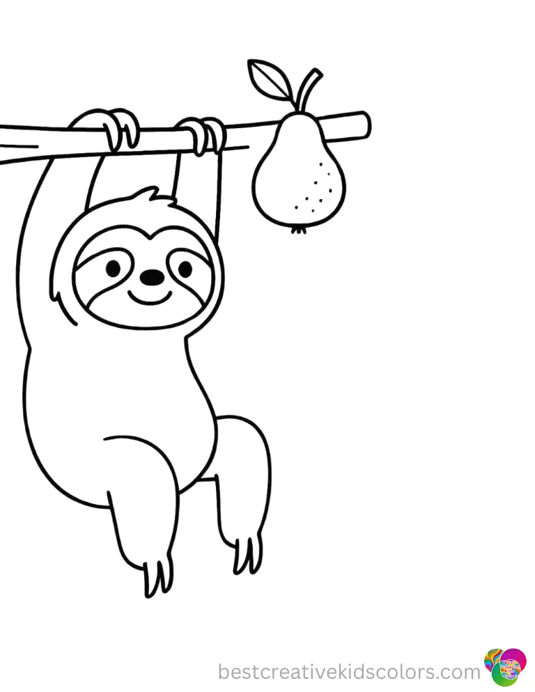 sloth coloring frames a delightfully sweet pink guava resting completely out of reach.