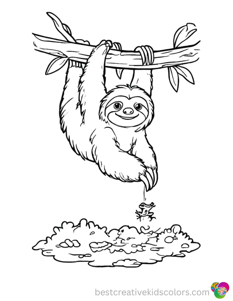 sloth colouring page drops a tiny poison dart amphibian right onto the damp mossy bed.
