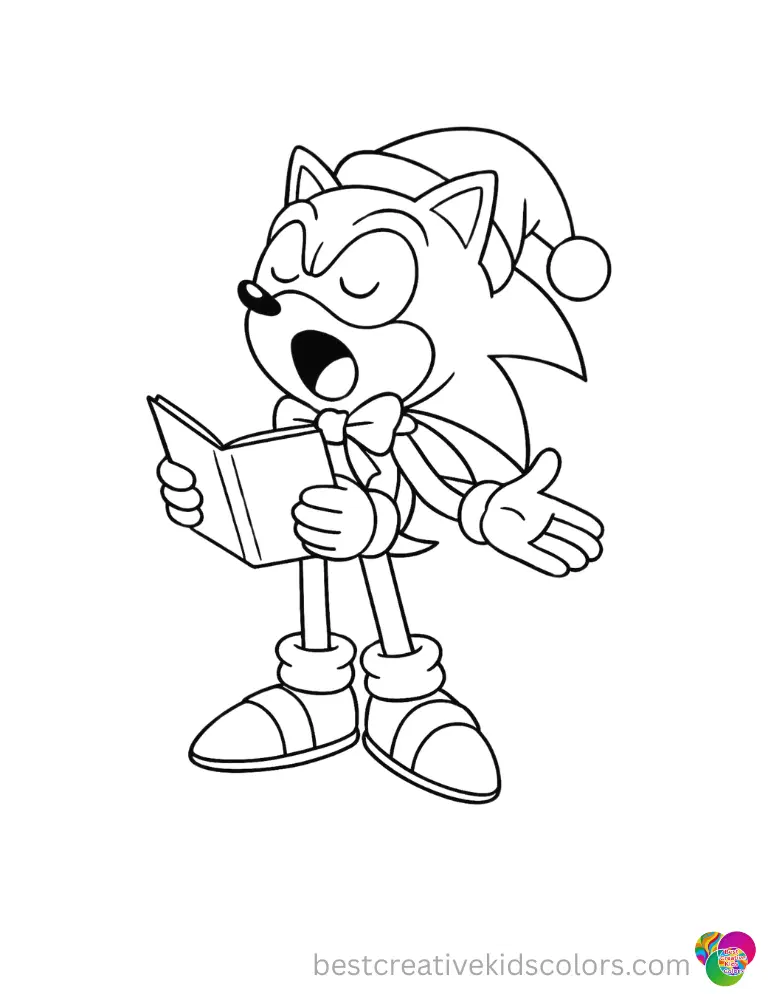 Sonic loudly sings a cheerful holiday carol outdoors in sonic christmas coloring pages.