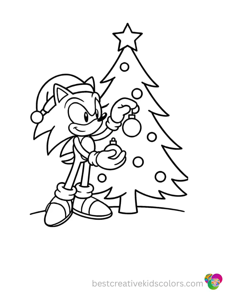sonic christmas coloring shows Sonic carefully trimming a giant pine tree outdoors.