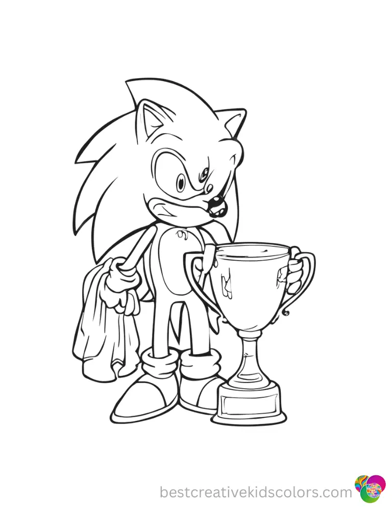 Sonic uses a velvet cloth to polish a shiny golden trophy in these sonic colouring in pages.