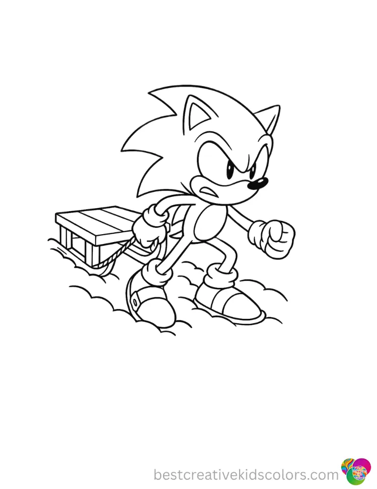 Sonic strongly pulls a heavy wooden sled through the deep snow in sonic printables.