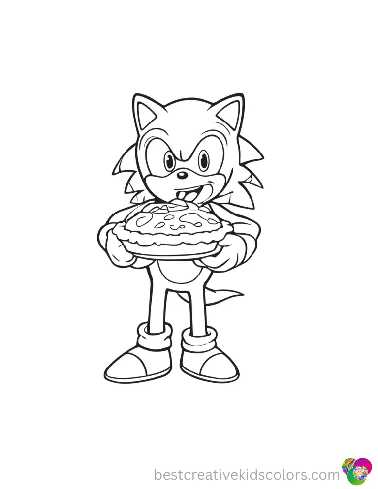Sonic joyfully eats a large delicious pumpkin pie inside sonic thanksgiving coloring pages.
