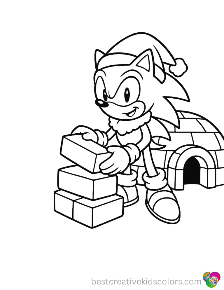 sonic the hedgehog christmas coloring pages features Sonic the hedgehog building an igloo.