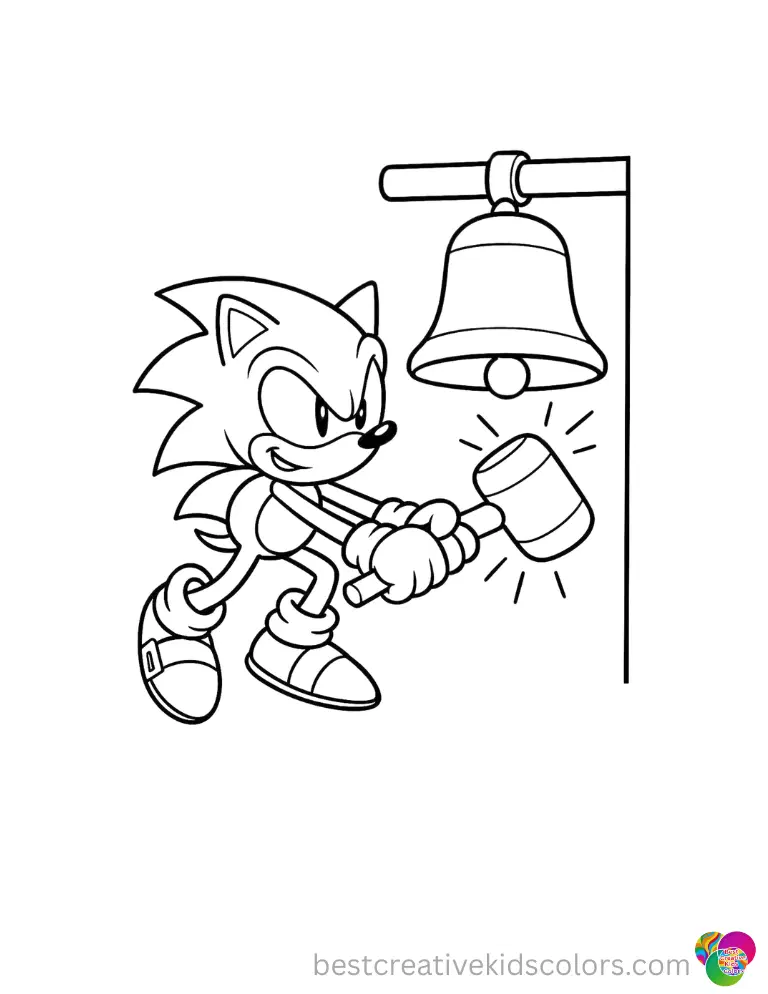  A fast Sonic uses a wooden mallet to ring a large brass bell on sonic the hedgehog color pages.