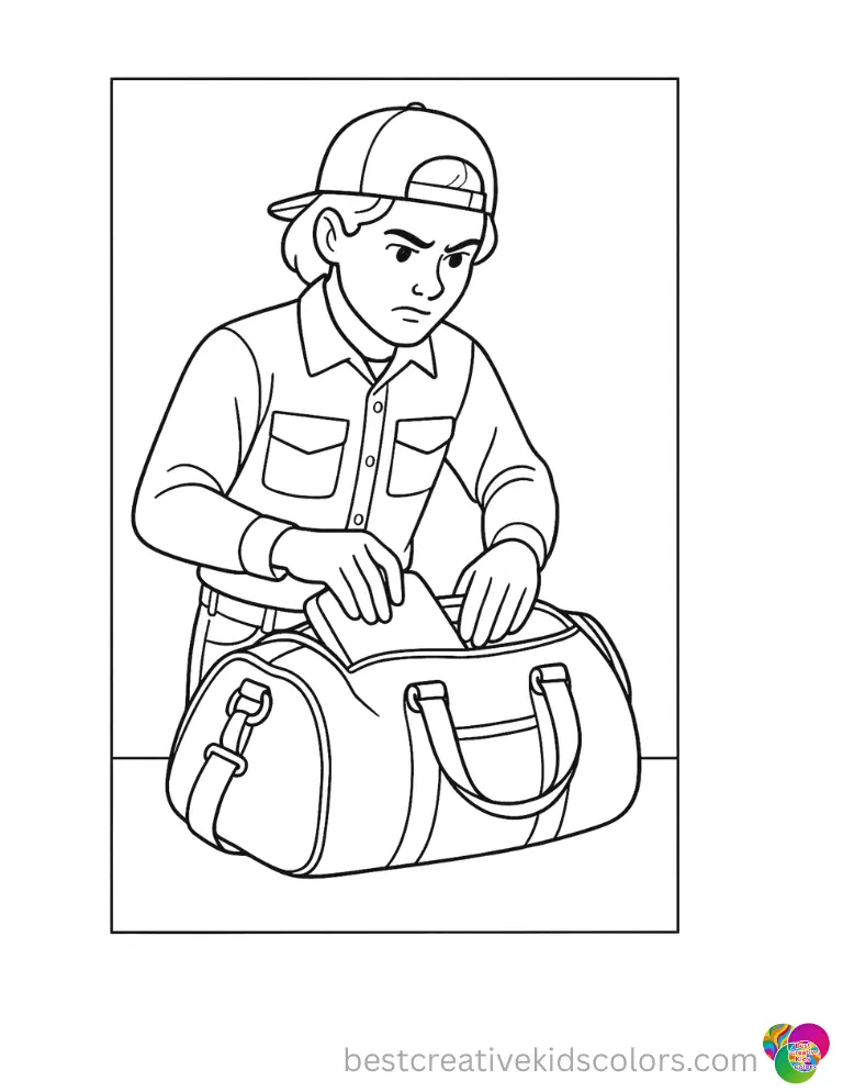 stranger things coloring pages displays a focused friend quickly packing a canvas bag.