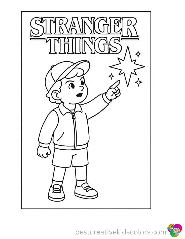 stranger things coloring sheet displays a brave kid pointing at a bright twinkling star.