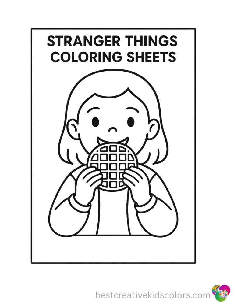 stranger things coloring sheets features a happy girl eating a sweet warm waffle today.