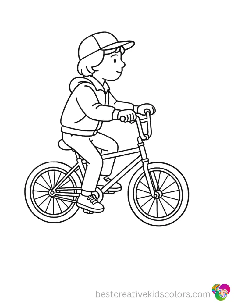 stranger things colouring pages displays a nice boy safely riding his vintage bike.