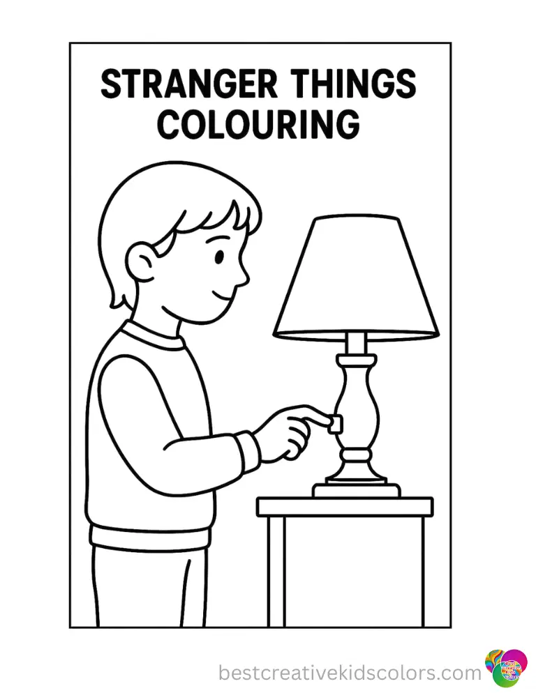 stranger things colouring shows a polite boy softly turning on a small wooden lamp.