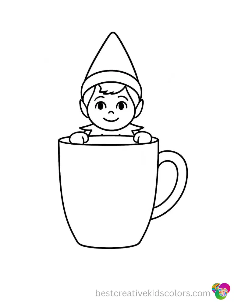 the elf on the shelf coloring pages displays the little elf peeking over a tall cup.