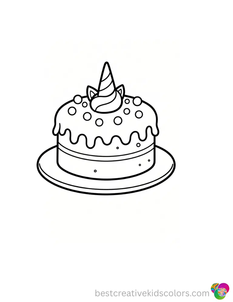 unicorn cake color page shows a decorated pastry jiggling gently on a smooth ceramic dish.