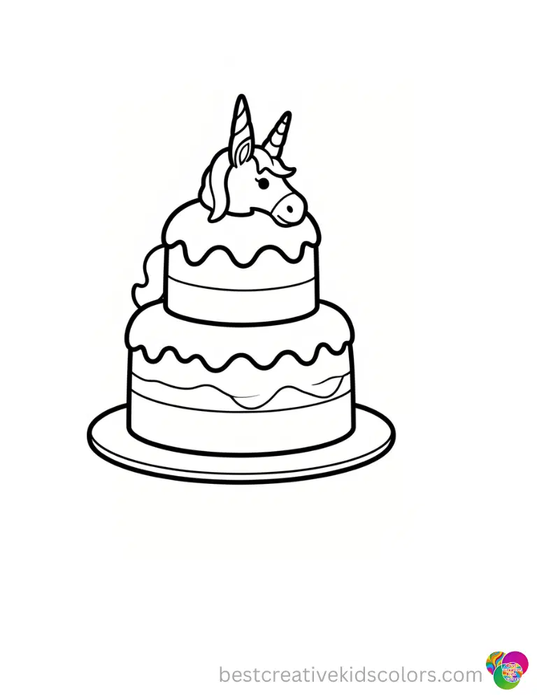 unicorn cake colouring pages features a tiered sugary dessert thumping the kitchen table.